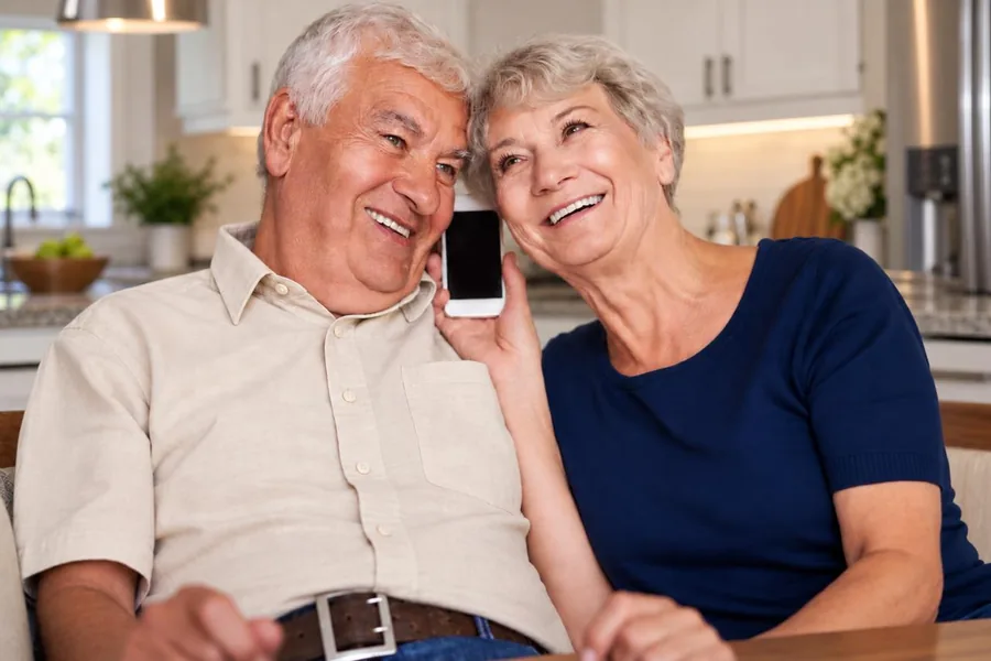 A retired couple at home, sharing a phone call.
