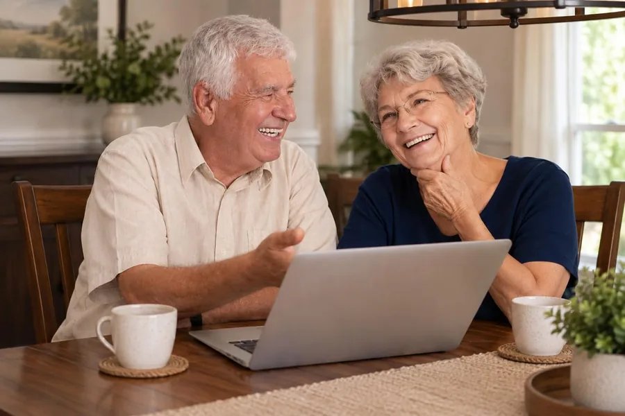 A retired couple at home comparing coverage options on a laptop.