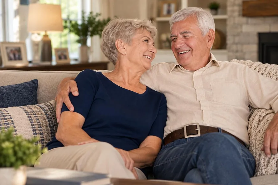 A retired couple relaxing together on the couch at home.