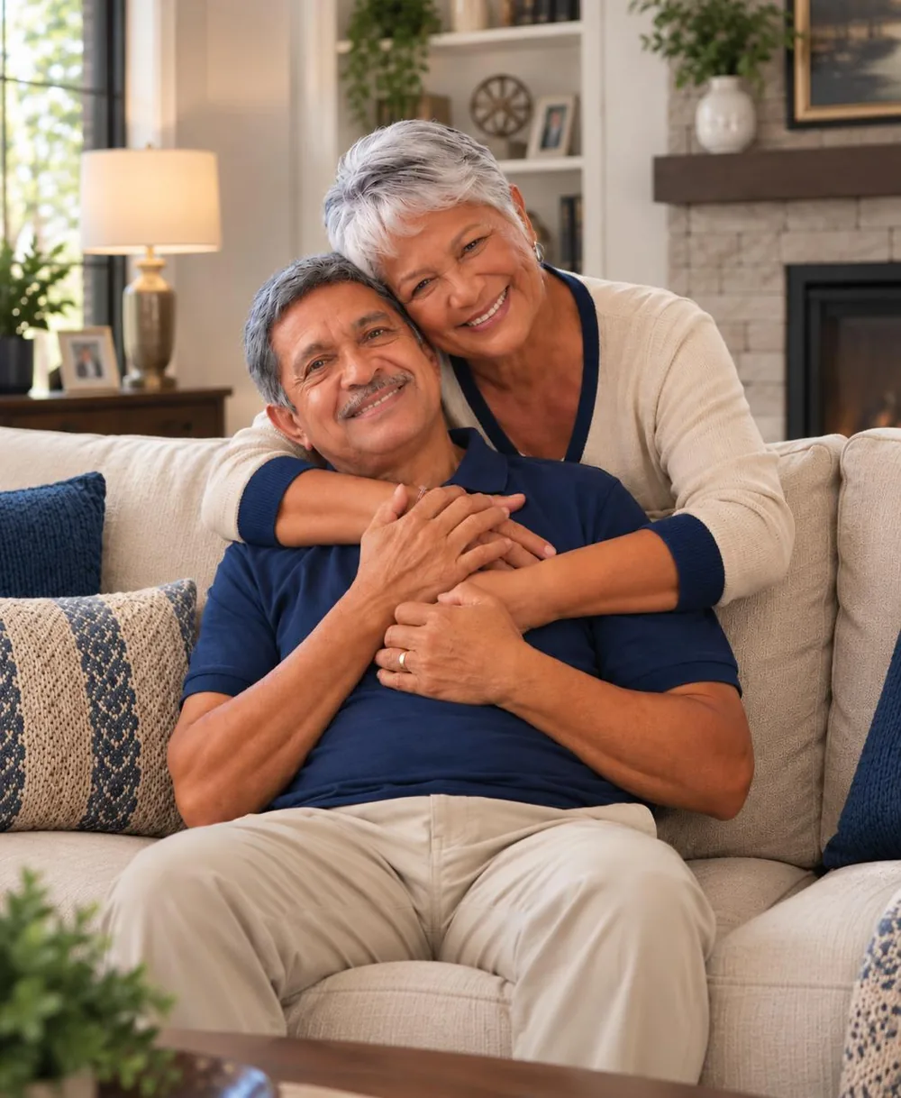 A retired couple embracing on the sofa at home